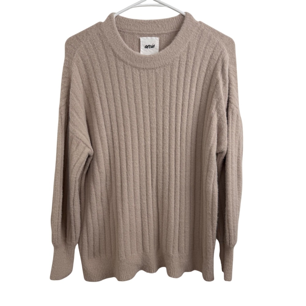 Aerie Cozy Ribbed Knit Sweater XXS TTP Beige Long Sleeve Soft Fuzzy Oversized